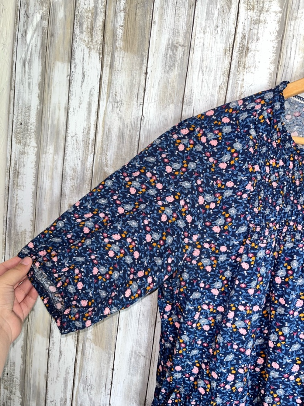 Knox Rose Floral Smocked Blouse XXL Boho Peasant Top Navy Flowy - Picture 2 of 5